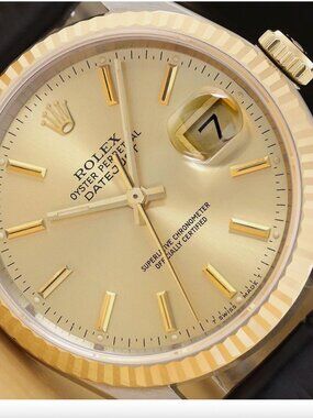 ROLEX MENS DATEJUST CHAMPAGNE 18K GOLD STEEL WATCH LEATHER BAND
